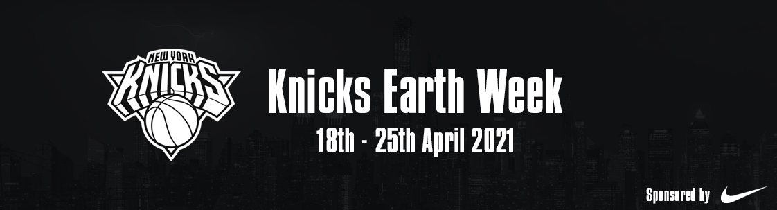 #KnicksEarthWeek Concept Banner showing the Knicks logo, on a faded grayscale New York City skyline